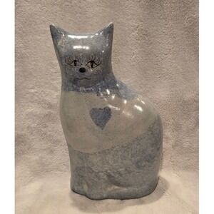 Handmade Ceramic Cat Figurine Blue Heart Whimsical‎ Desk Shelf Decor Art